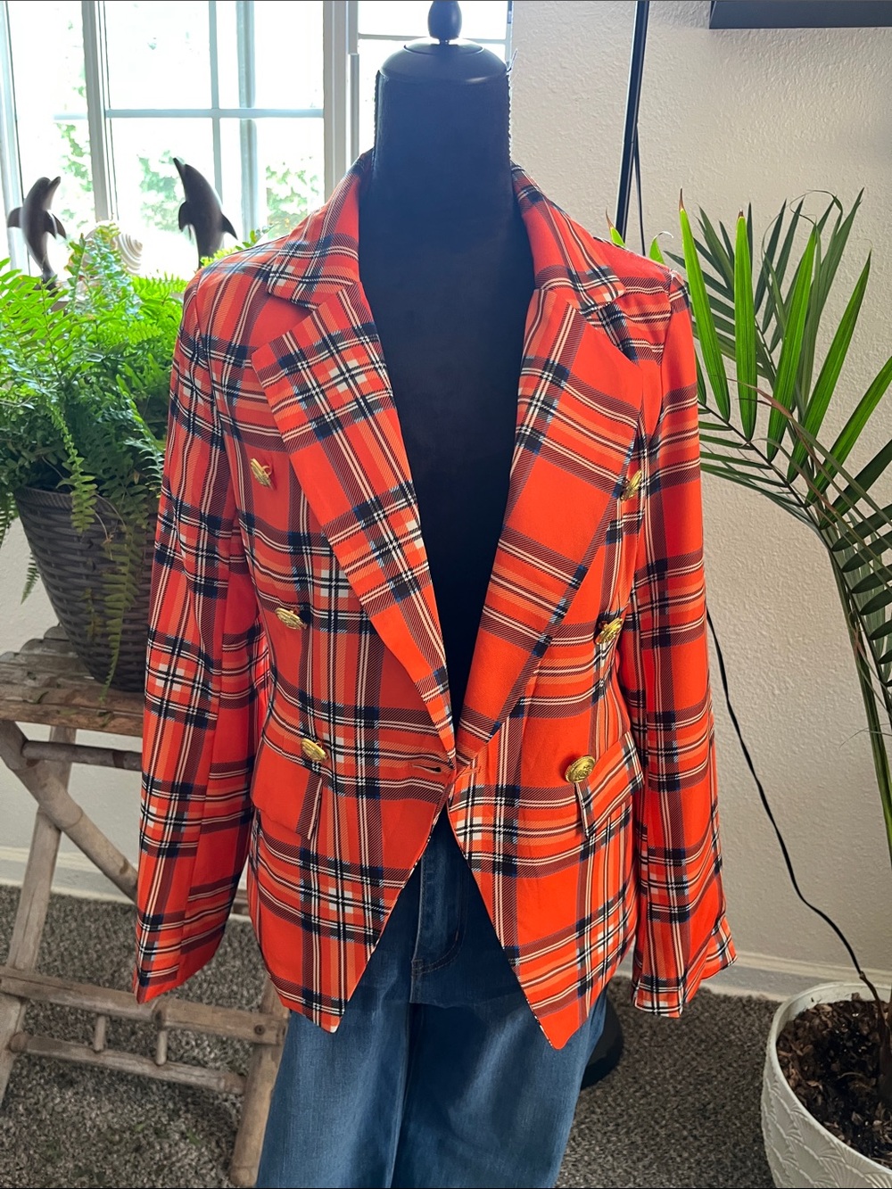 Women's Red Plaid Double-Breasted Blazer
